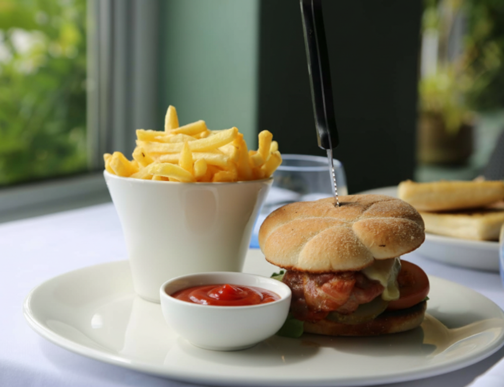 Burger and chips in the Lounge