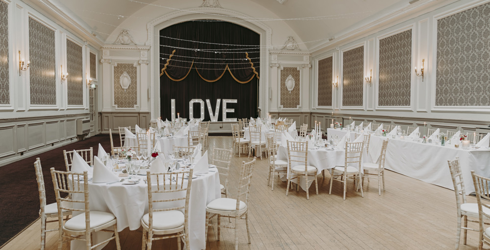 The Ballroom at Peebles Hydro set up for a wedding reception